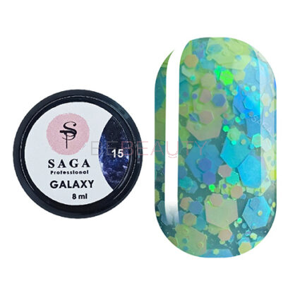SAGA Galaxy glitter 015 (прозорий з блакитними та жовтими голографічними блискітками), 8 мл